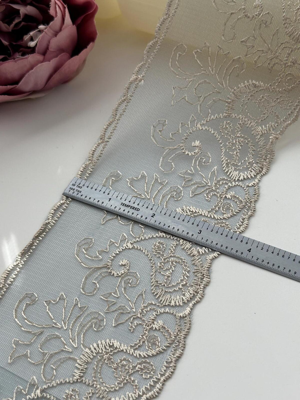 1Yd Non-Stretch 3.7" Dusty Blue Beige Embroidered Floral Mesh Lace Wholesale