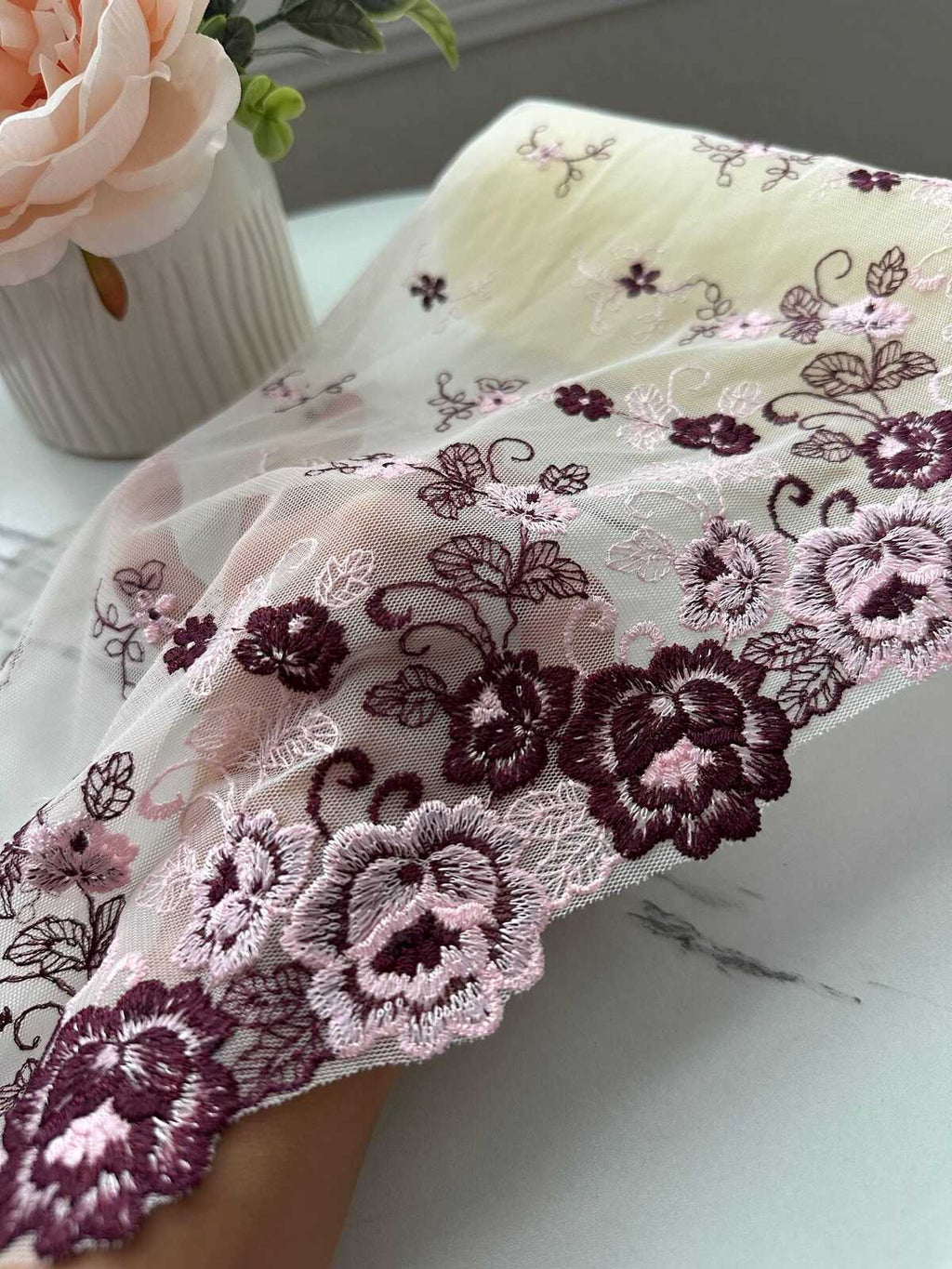 1Yd Non-Stretch 9.3" Burgundy Pink Floral Embroidered Mesh Lace Trim Wholesale