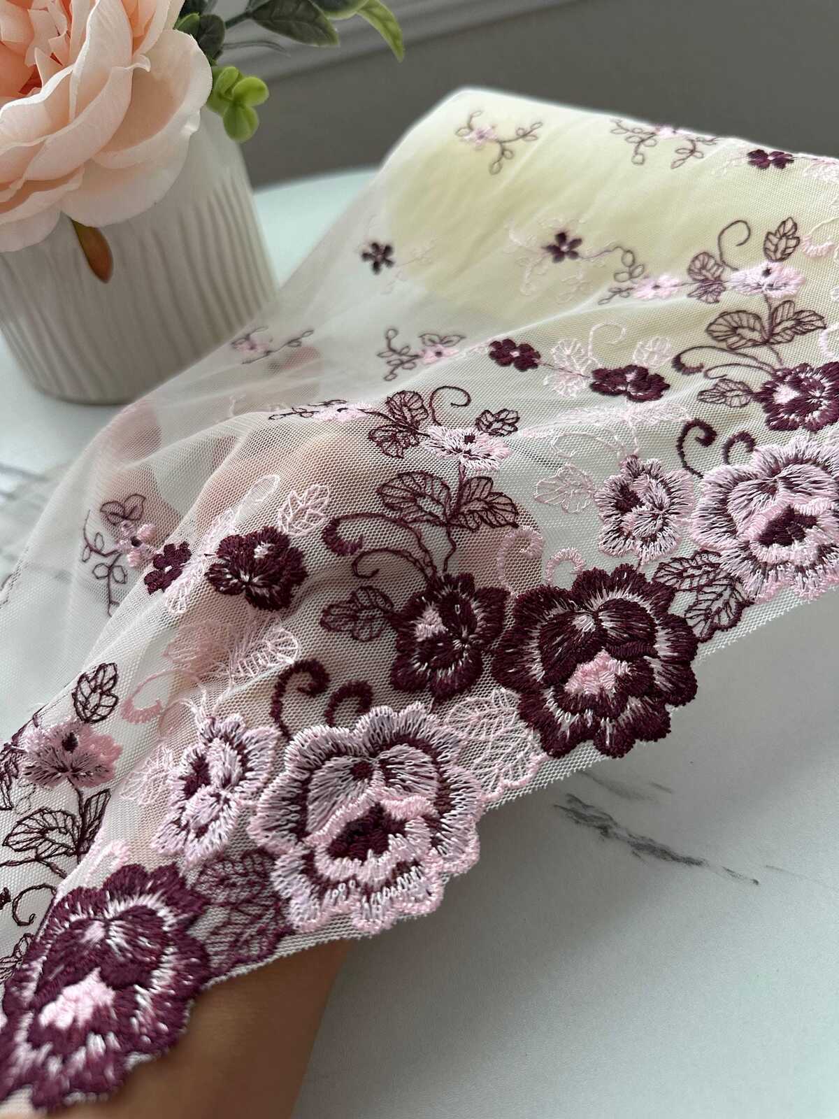 1Yd Non-Stretch 9.3" Burgundy Pink Floral Embroidered Mesh Lace Trim Wholesale