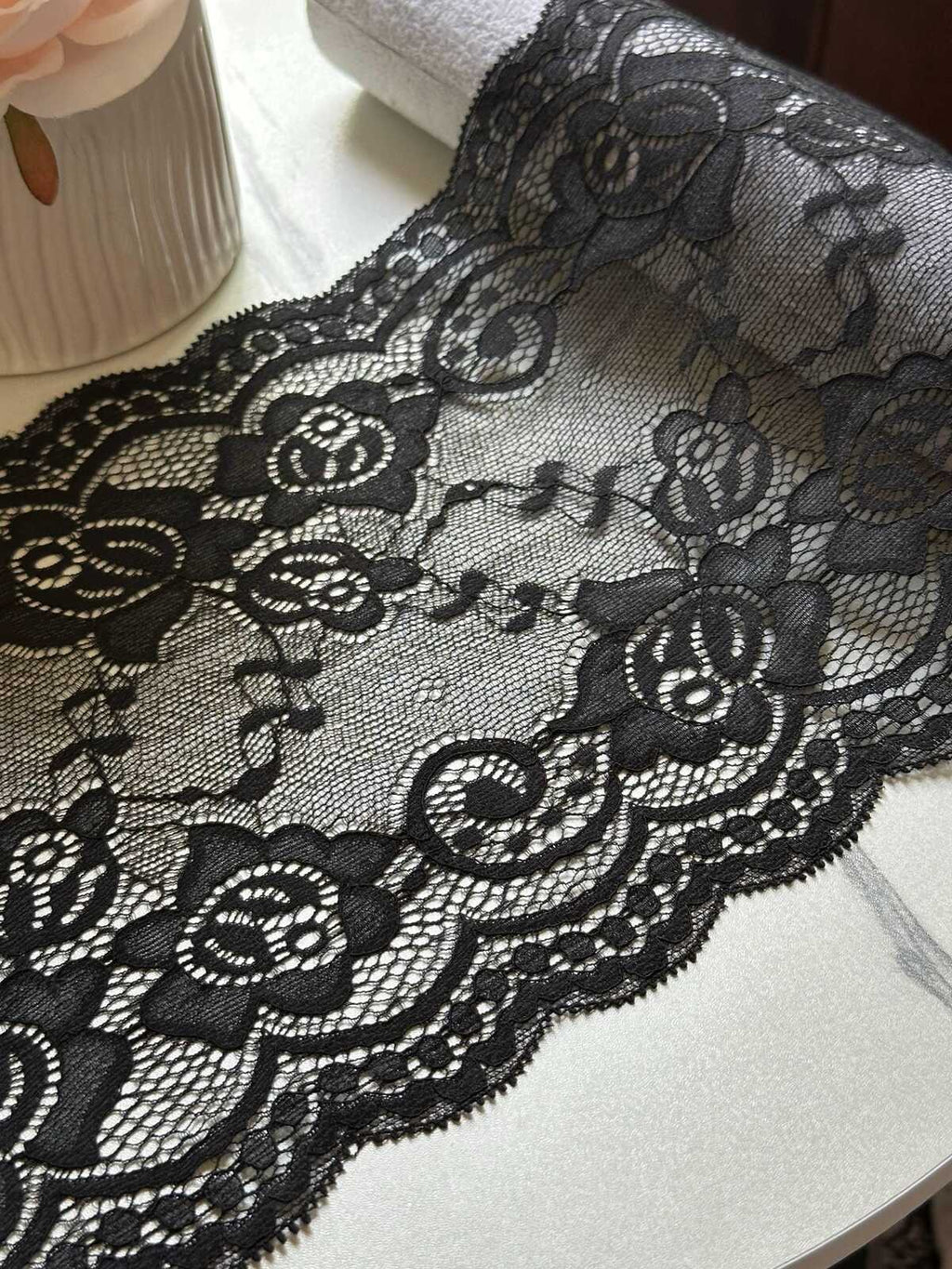 Black Floral Wide Slight Stretch Lace Trim, Gentle Elastic Ribbon, Coquette Craft Supply, 7.5", Retail Wholesale Bulk
