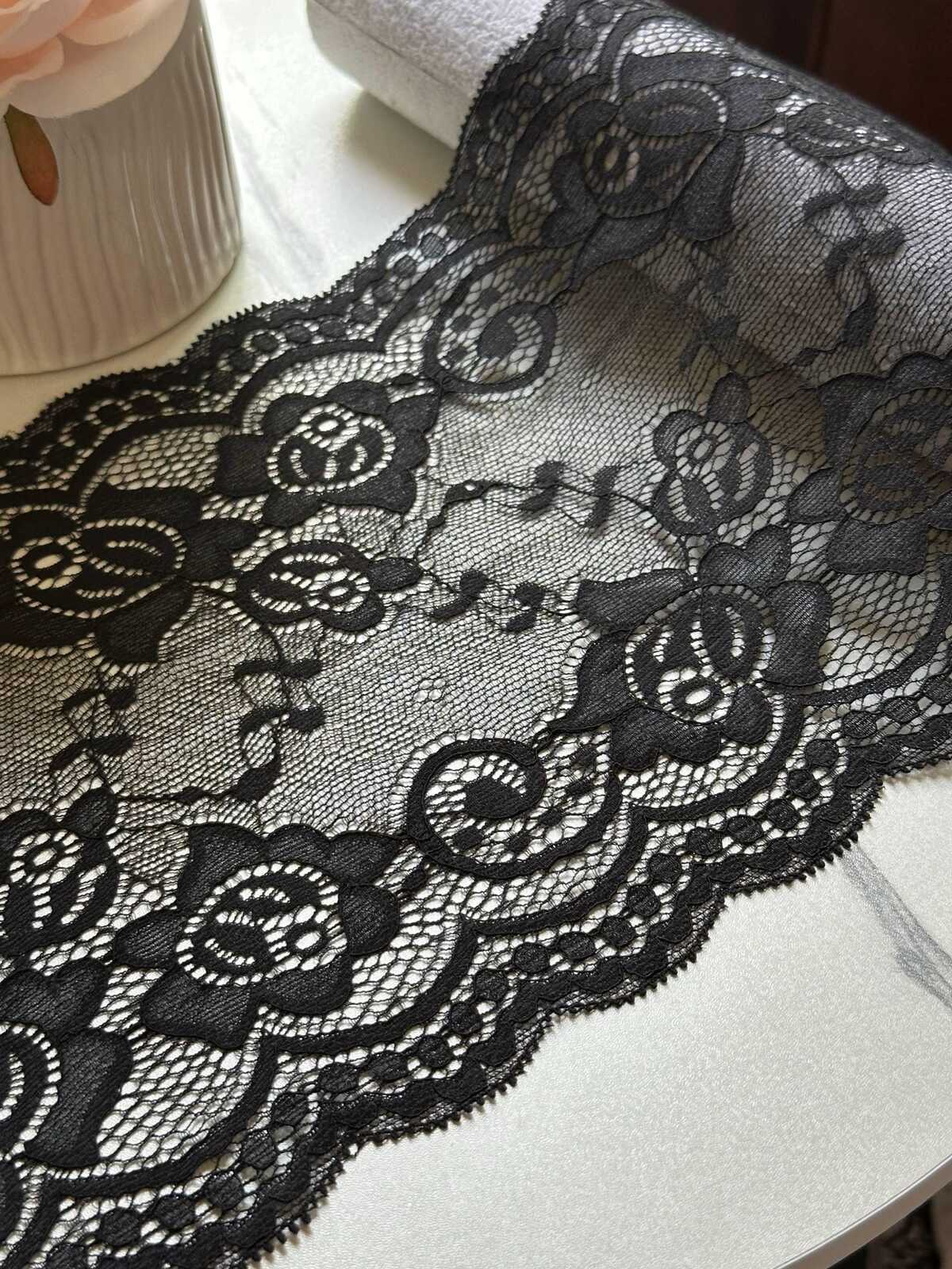 Black Floral Wide Slight Stretch Lace Trim, Gentle Elastic Ribbon, Coquette Craft Supply, 7.5", Retail Wholesale Bulk