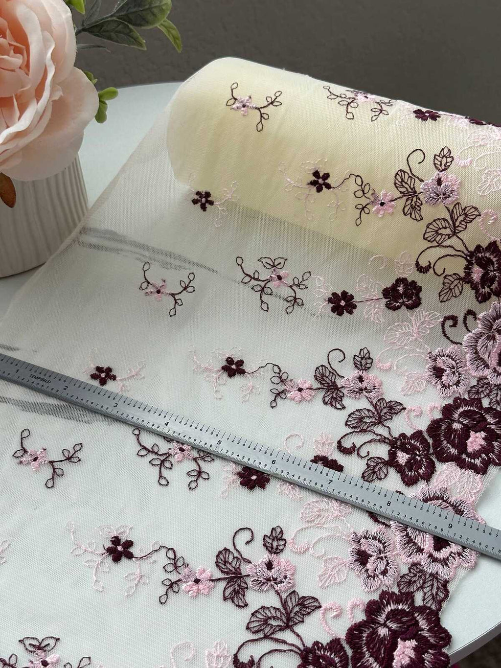 1Yd Non-Stretch 9.3" Burgundy Pink Floral Embroidered Mesh Lace Trim Wholesale