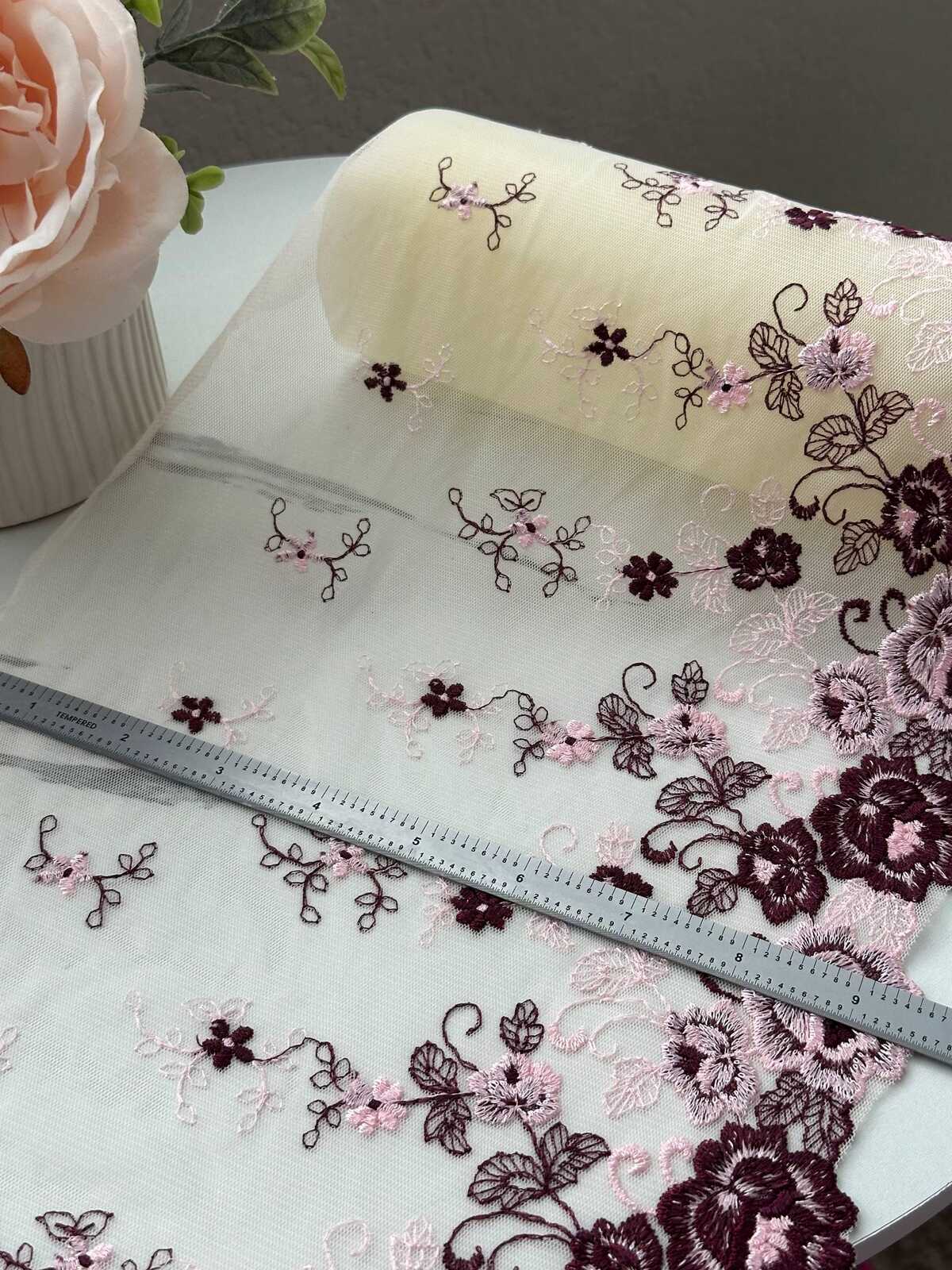 1Yd Non-Stretch 9.3" Burgundy Pink Floral Embroidered Mesh Lace Trim Wholesale