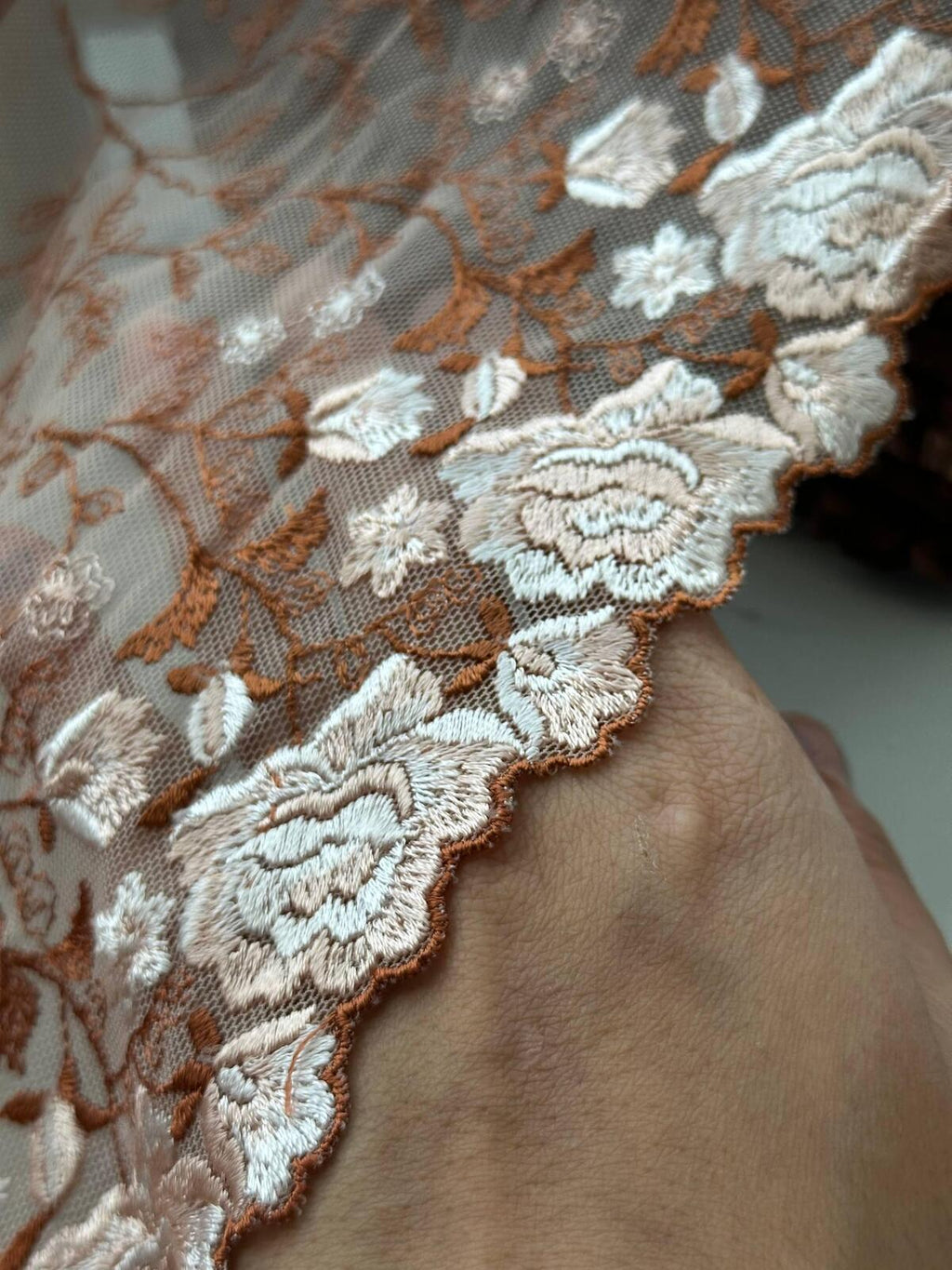3Yds Non-Stretch 6.3" Autumn Terracotta Rust Floral Embroidered Mesh Lace Trim