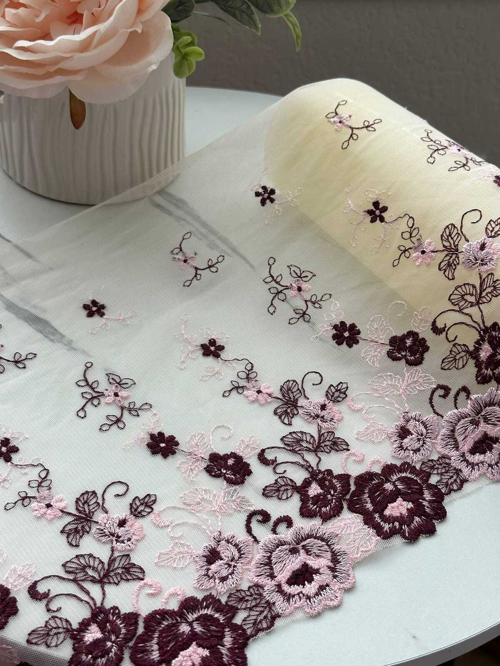 1Yd Non-Stretch 9.3" Burgundy Pink Floral Embroidered Mesh Lace Trim Wholesale