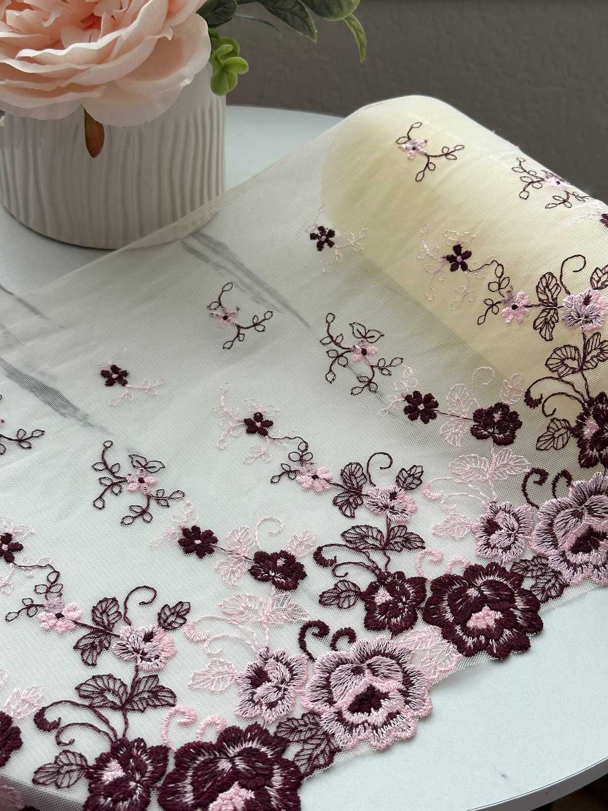 1Yd Non-Stretch 9.3" Burgundy Pink Floral Embroidered Mesh Lace Trim Wholesale