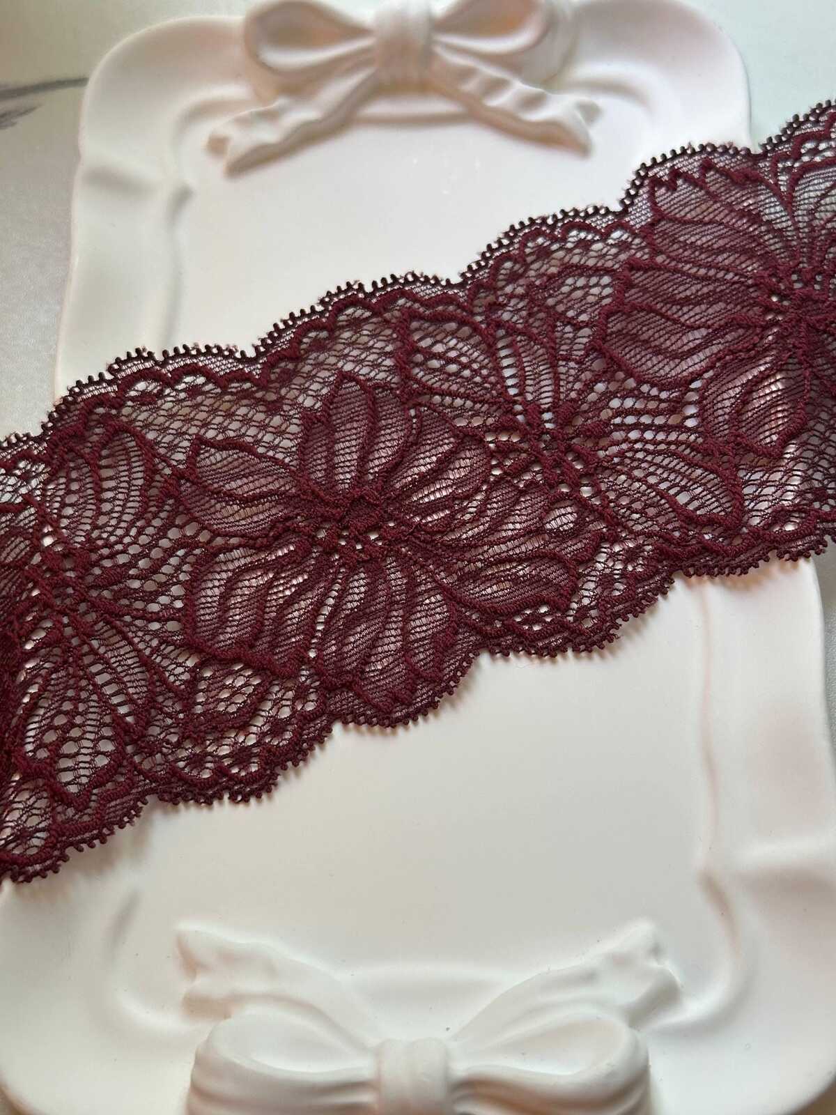 Burgundy Wine Red Floral Stretch Lace Trim by the Yard, Scalloped Elastic Ribbon for Coquette Lingerie Apparel Crafts, 2.8"
