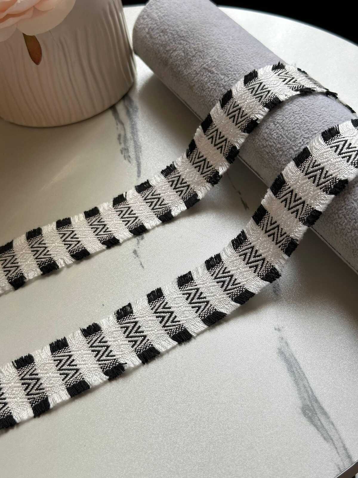 Black White Geometric Jacquard Trim by Yard, 1.25" Fringed Boho Ribbon, Tribal Edge, Coquette Craft Supply, DIY Sewing, Retail Wholesale