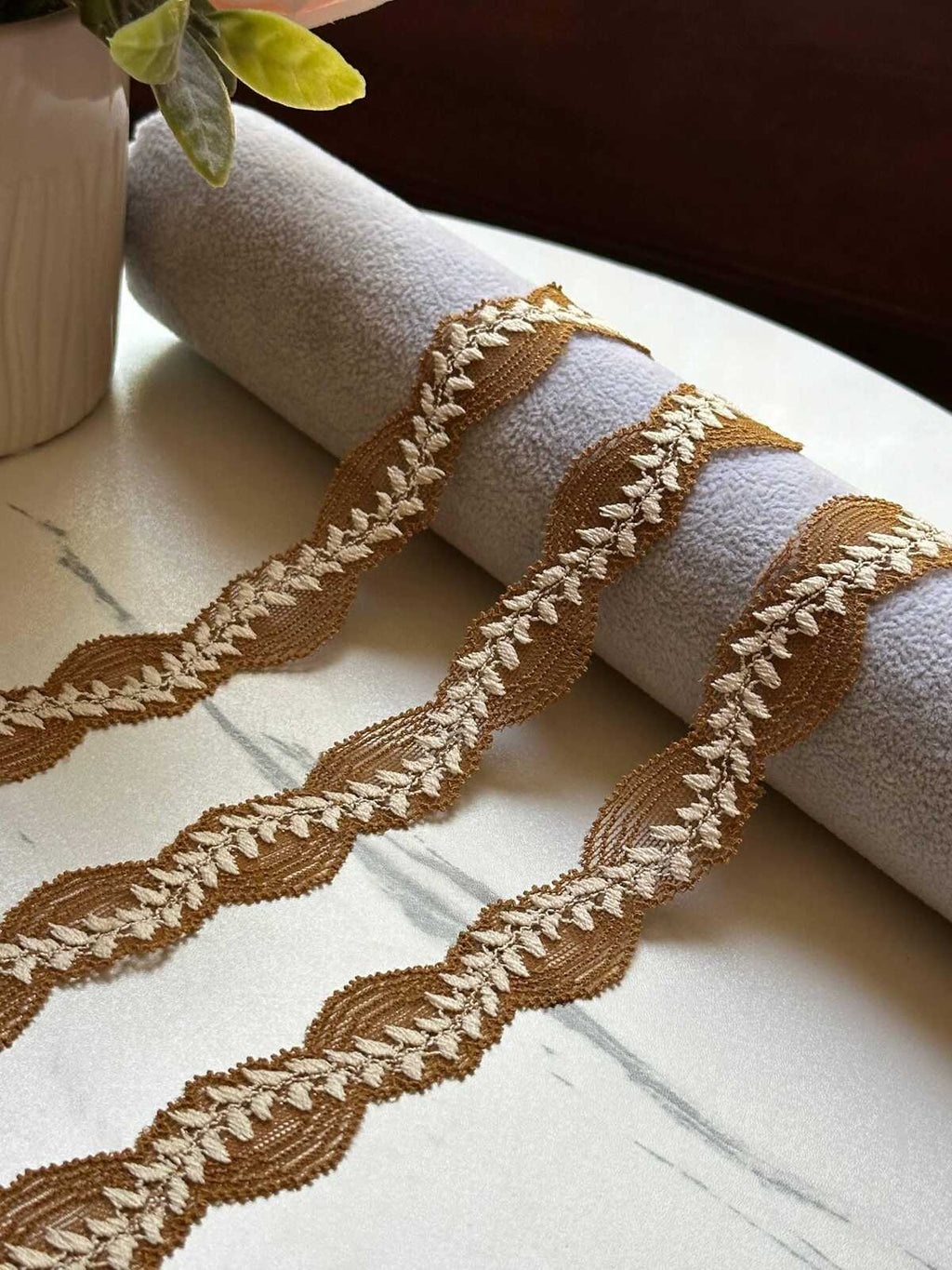 10yds Soft Mustard Gold Leaf Embroidery Stretch Lace Trim by the Yard, Narrow Elastic Ribbon for Coquette Crafts, 1", Retail Wholesale Bulk