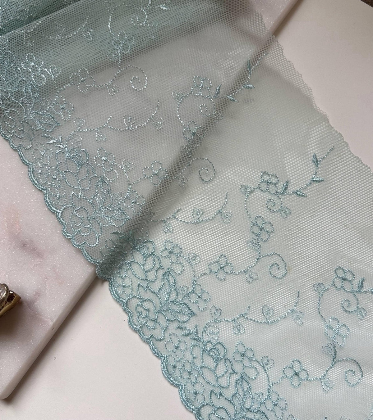 Mint Green Embroidered Tulle Lace Trim, Ultra Soft Sheer Mesh Ribbon, Coquette Craft Supply, 7", Retail Wholesale Bulk