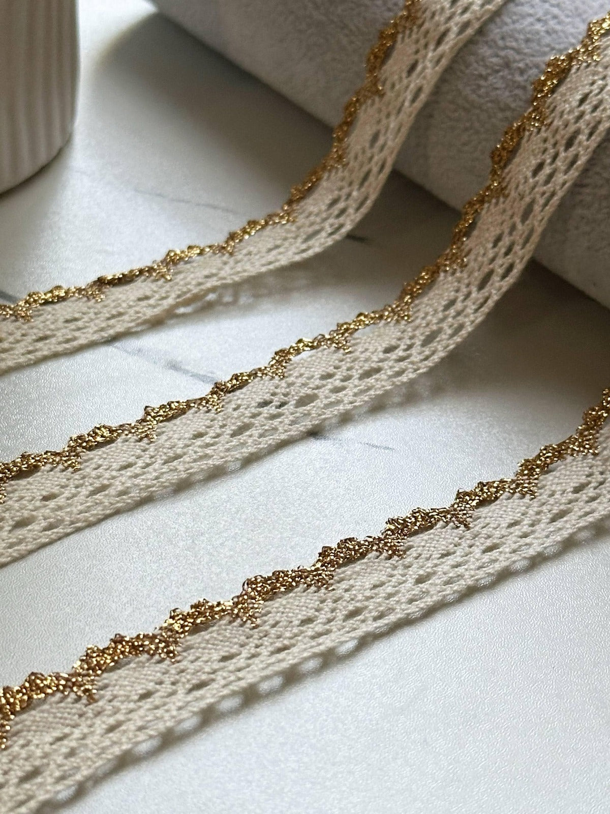 10yds  Cotton Lace Trim with Gold Edge by Yard, 0.7" Openwork Ribbon, Metallic Scalloped Border, Coquette Craft  DIY Sewing Retail Wholesale