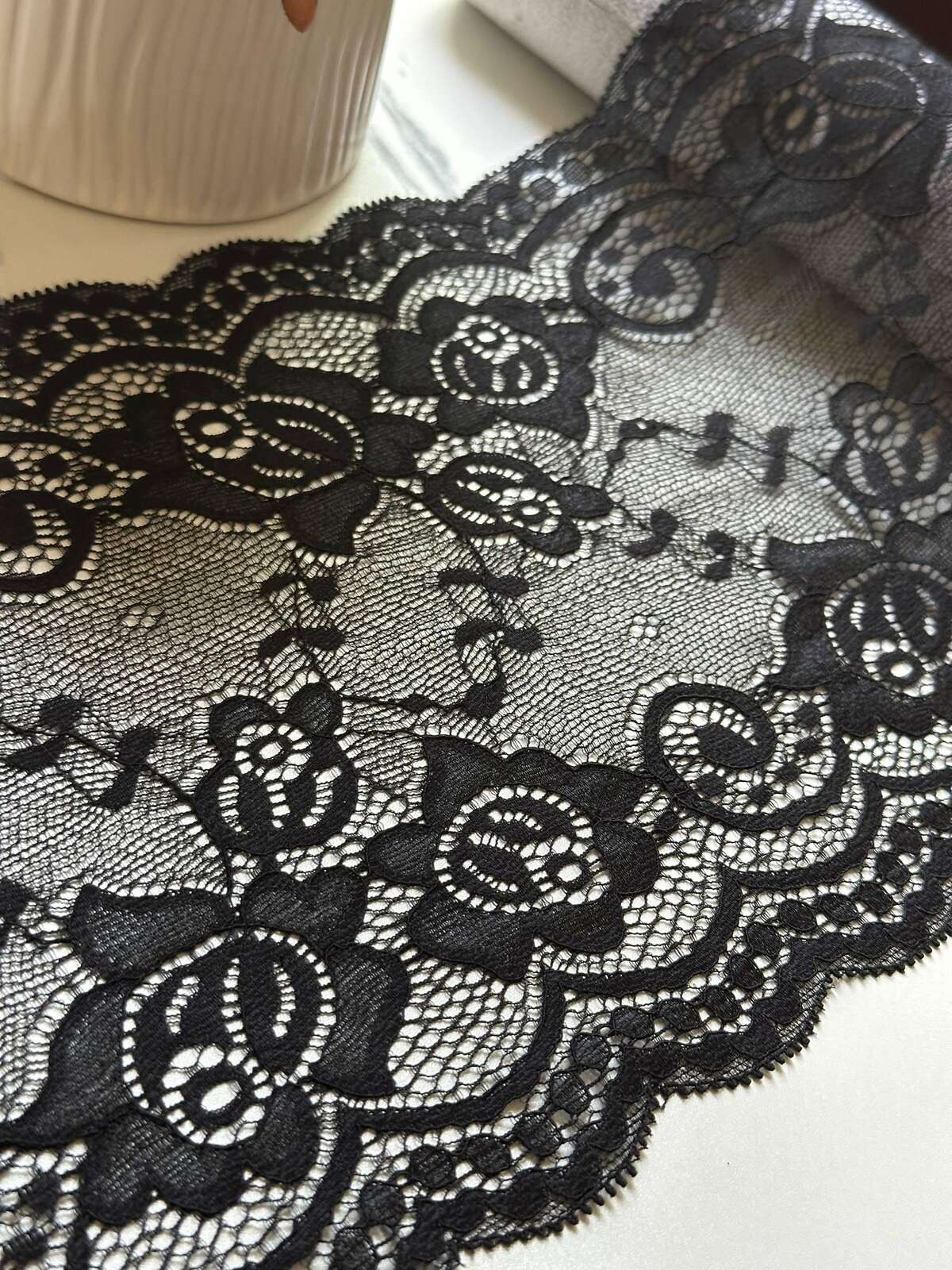 Black Floral Wide Slight Stretch Lace Trim, Gentle Elastic Ribbon, Coquette Craft Supply, 7.5", Retail Wholesale Bulk