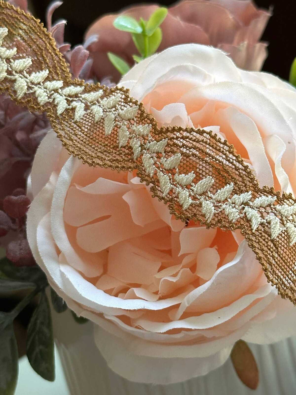 10yds Soft Mustard Gold Leaf Embroidery Stretch Lace Trim by the Yard, Narrow Elastic Ribbon for Coquette Crafts, 1", Retail Wholesale Bulk