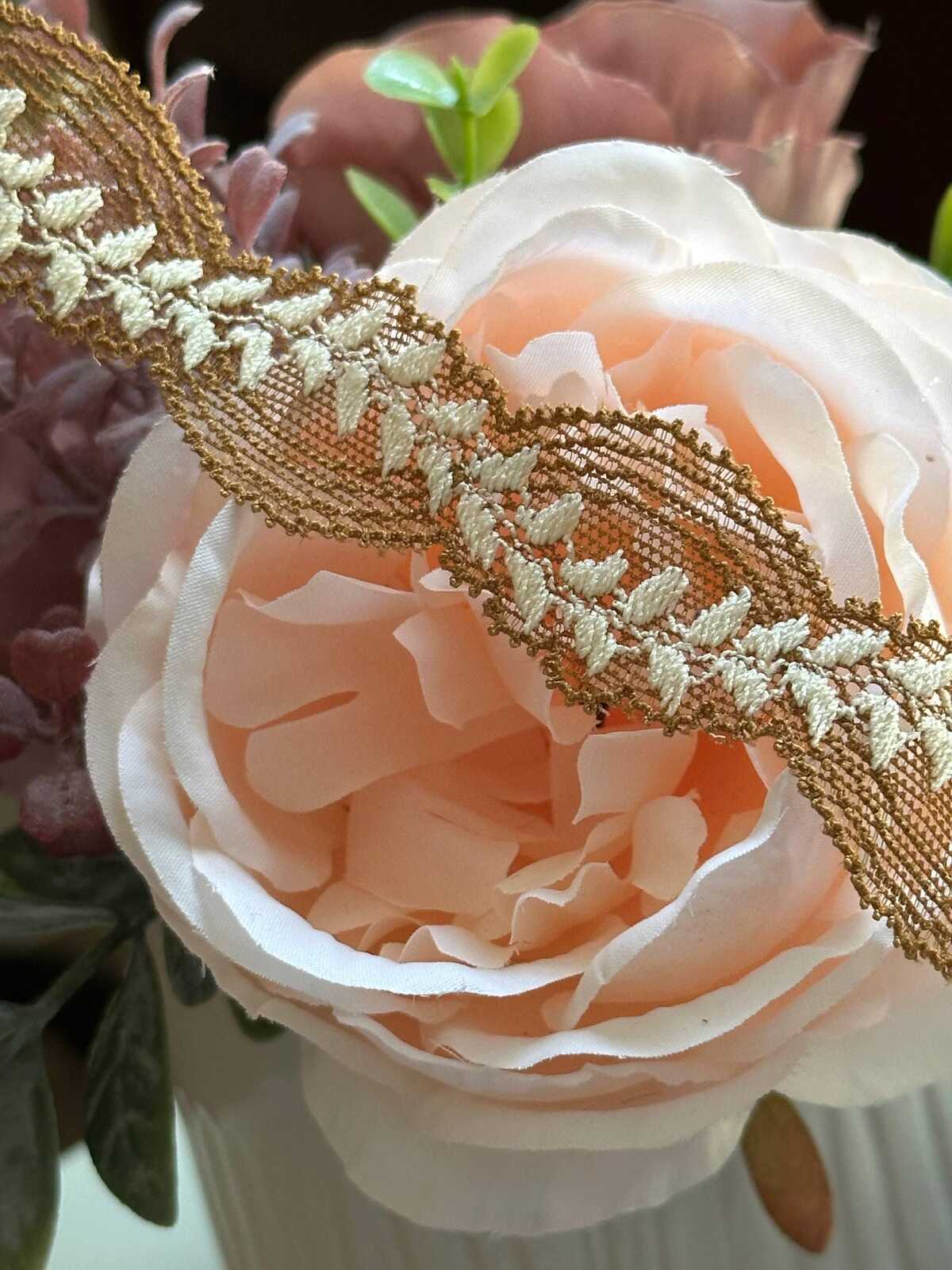 10yds Soft Mustard Gold Leaf Embroidery Stretch Lace Trim by the Yard, Narrow Elastic Ribbon for Coquette Crafts, 1", Retail Wholesale Bulk