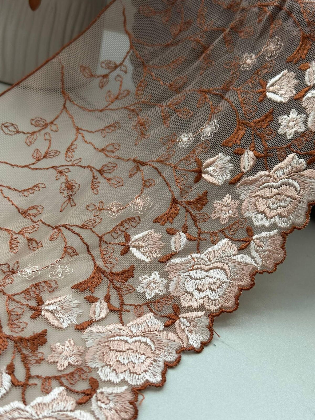 3Yds Non-Stretch 6.3" Autumn Terracotta Rust Floral Embroidered Mesh Lace Trim