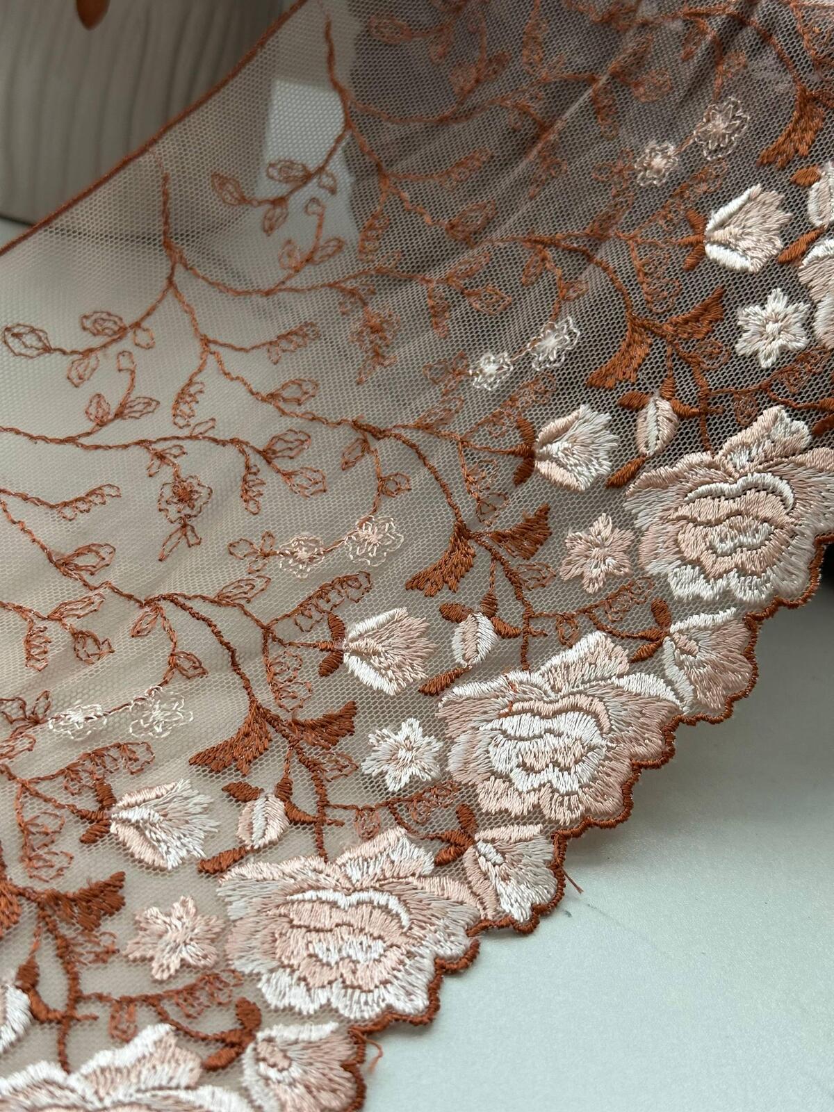 3Yds Non-Stretch 6.3" Autumn Terracotta Rust Floral Embroidered Mesh Lace Trim