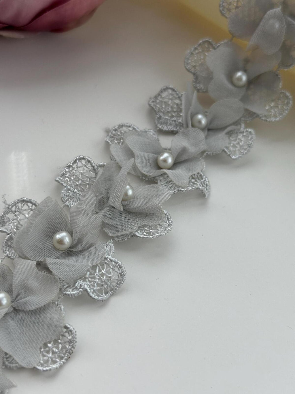 2Yds Non-Stretch 1.8" Grey 3D Chiffon Flower Beaded Pearl Lace Trim Wholesale