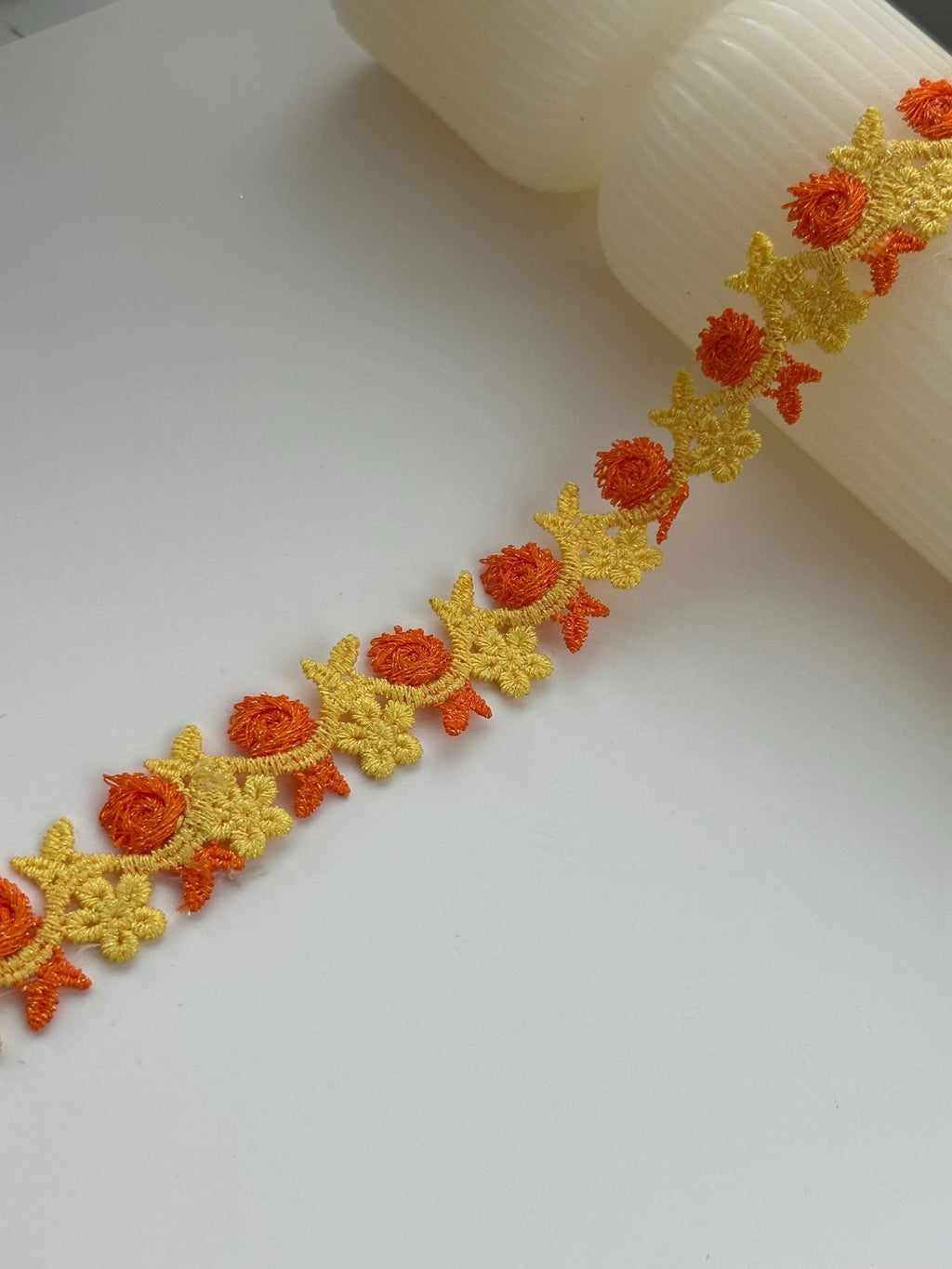 3Yds Non-Stretch 0.8" Yellow Orange 3D Rose Flower Embroidered Lace Wholesale
