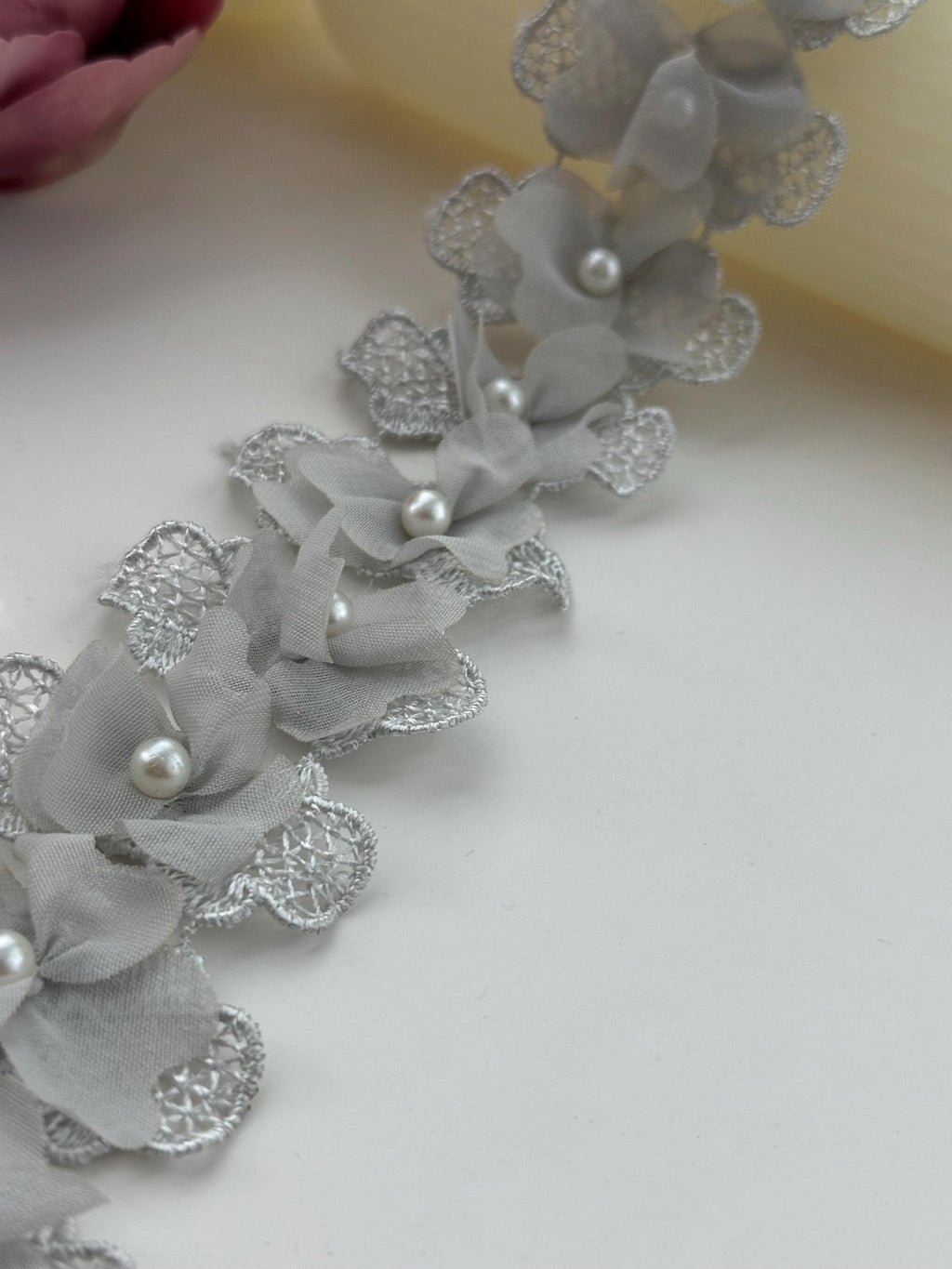 2Yds Non-Stretch 1.8" Grey 3D Chiffon Flower Beaded Pearl Lace Trim Wholesale