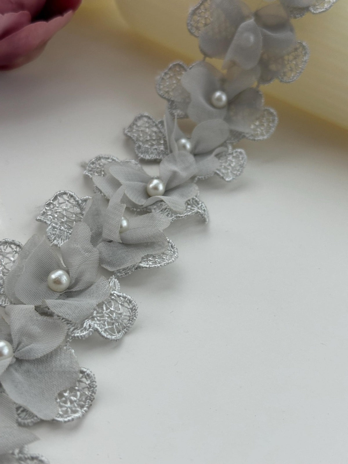 2Yds Non-Stretch 1.8" Grey 3D Chiffon Flower Beaded Pearl Lace Trim Wholesale