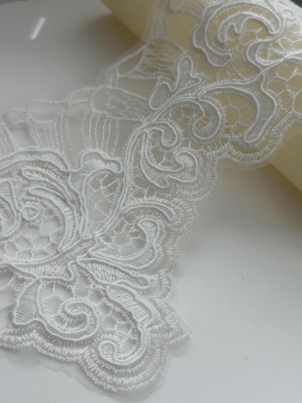 1Yd Non-Stretch 6" Off-White Corded Embroidery Bridal Mesh Lace Wholesale