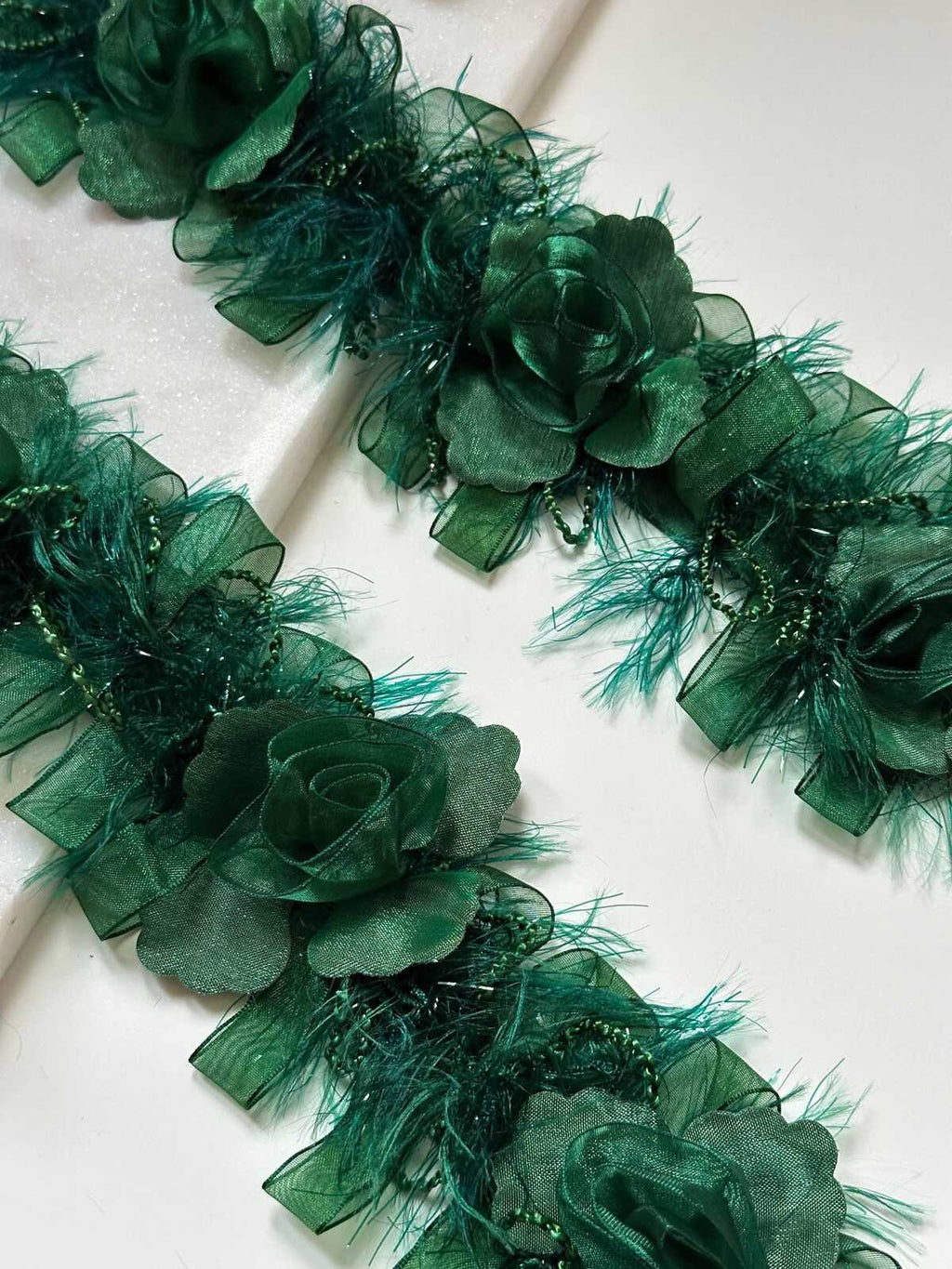 Emerald Green 3D Organza Rose Feather Beaded Trim, Wide Ribbon Garland, Coquette Craft Supply, 3", Retail Wholesale Bulk