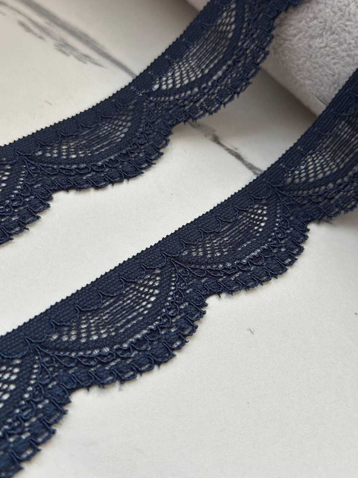 10Yds Stretch 1" Dark Navy Blue Scalloped Floral Stretch Lace Trim Wholesale