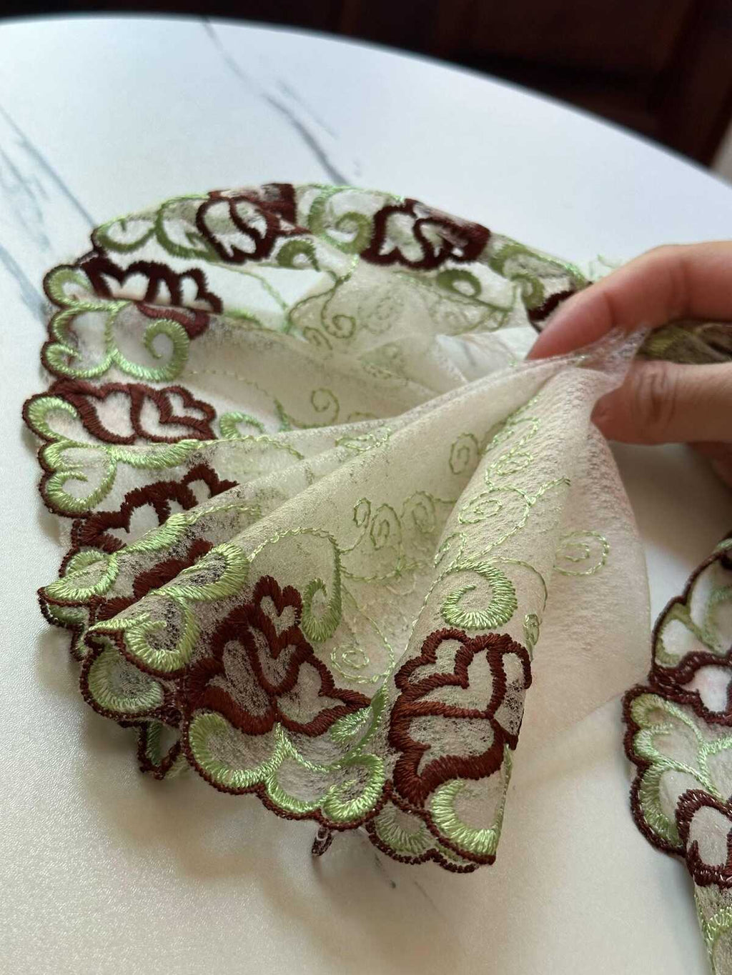 6.5" Pink Gradient Lace Trim Wide Embroidered Soft Tulle Mesh Two Tone Scalloped Edge Green Floral Ribbon for Lingerie Garment Sewing