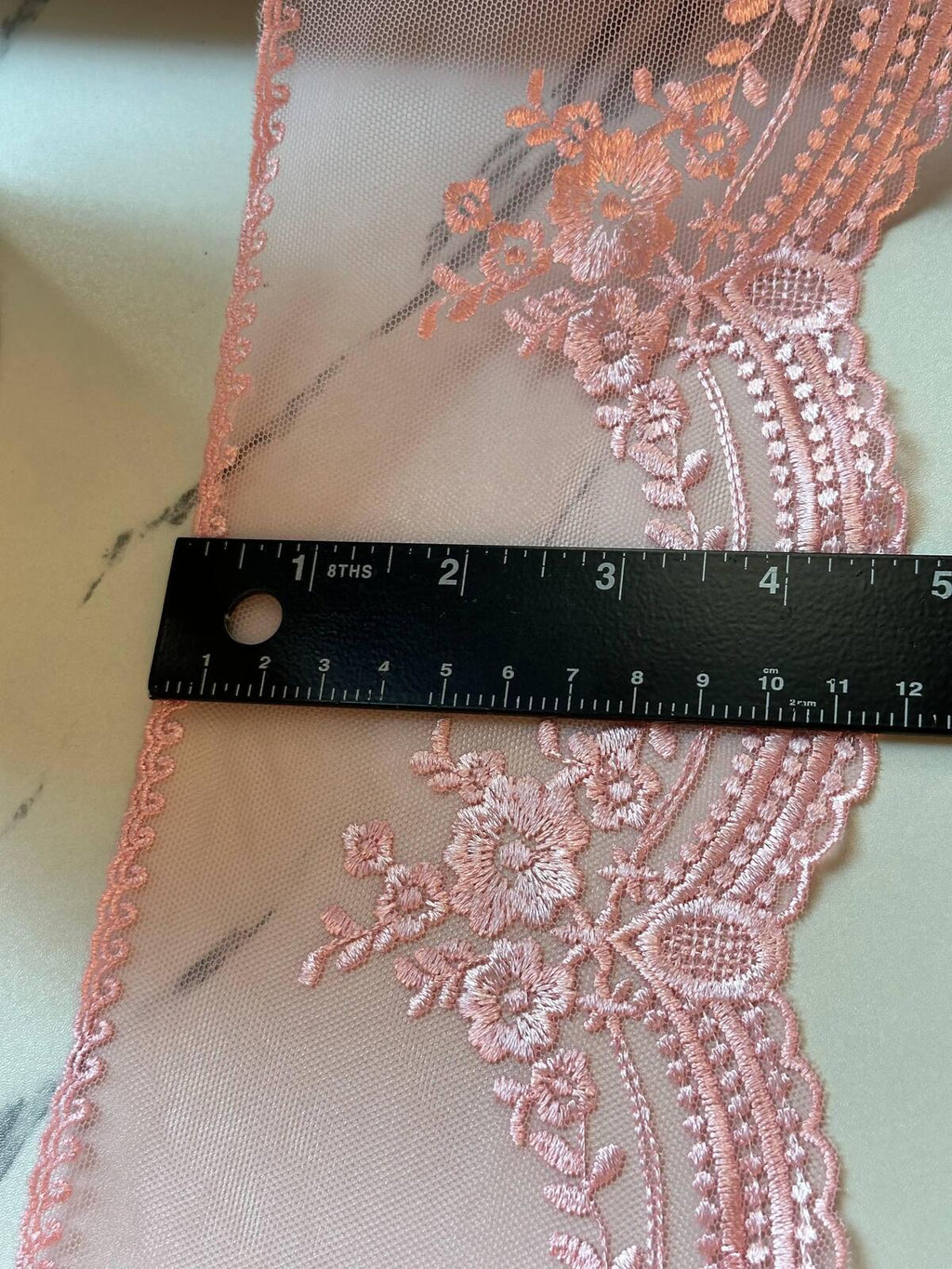 Dusty Rose Pink Ultra Soft Embroidered Mesh Lace Trim by Yard, Floral Scalloped Tulle Ribbon, 4.5", Retail Wholesale Bulk