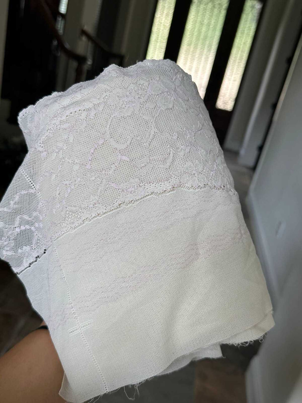 Two Tone Cream Beige & Pale Pink Floral Galloon Lace Trim Symmetrical Double Scalloped Edge Tulle Ribbon for Gowns Crafts Sewing, 7.65"