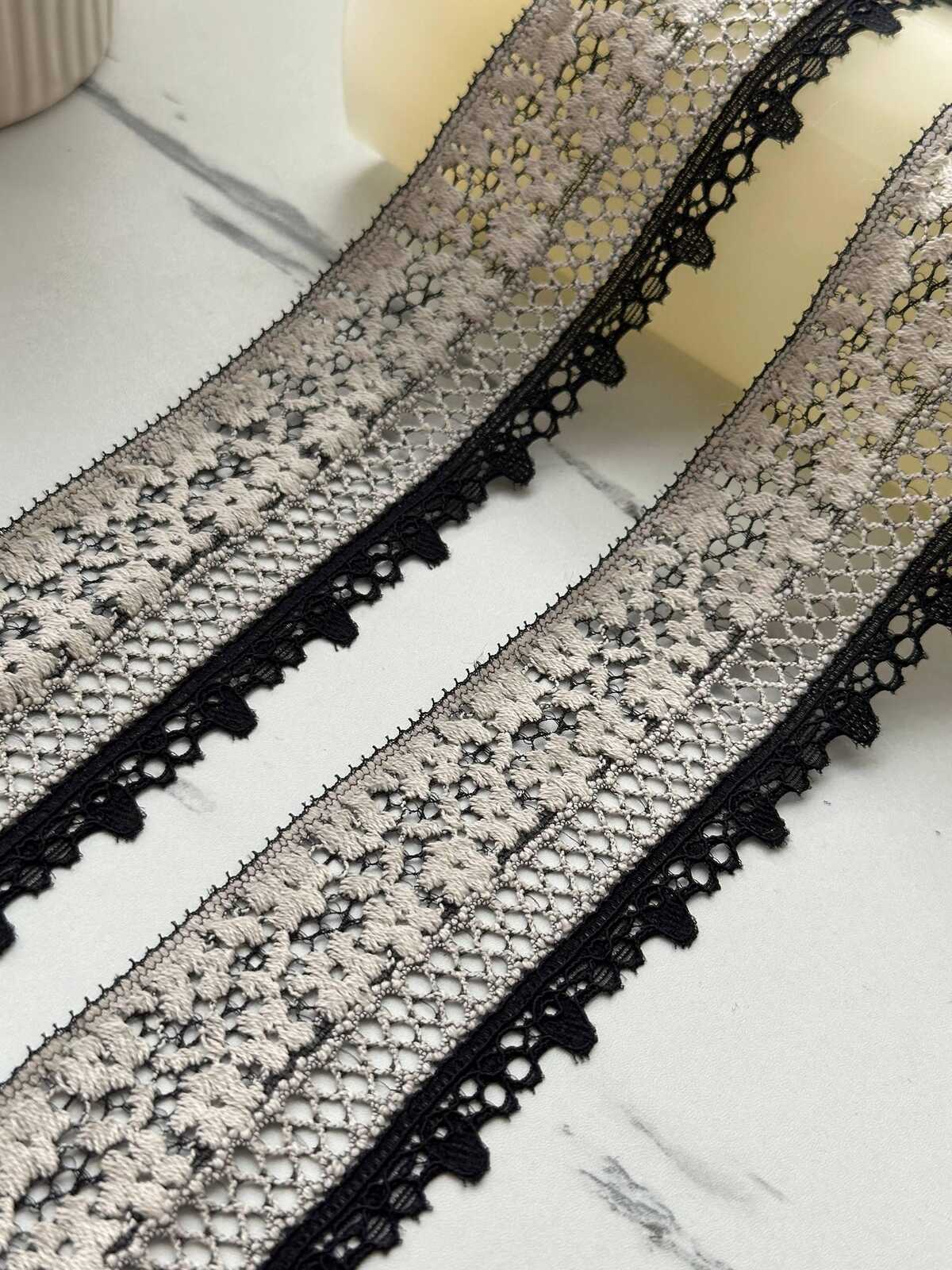 6Yds Stretch 2" Black Off-White  Two Tone Unique Floral Mesh Stretch Lace Trim