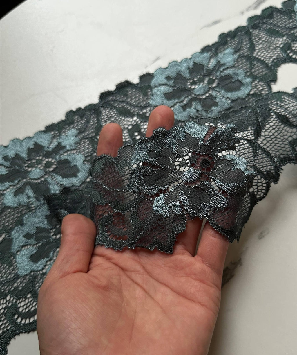 10yds Deep Forest Green Floral Stretch Elastic Lace Trim Symmetrical Double Scalloped Wide Galloon Ribbon for Lingerie  Crafts Sewing, 3"
