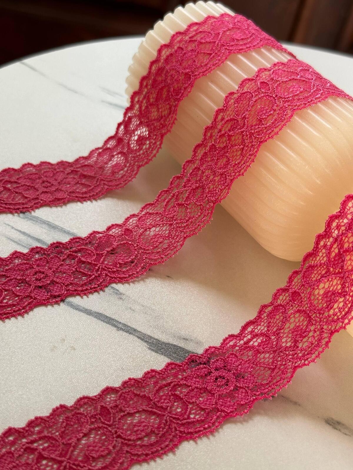 10yds 1" Hot Pink Stretch Lace Trim Fuchsia Floral Elastic Galloon Scalloped Edge Ribbon for Lingerie Underwear Doll Clothing Sewing Crafts