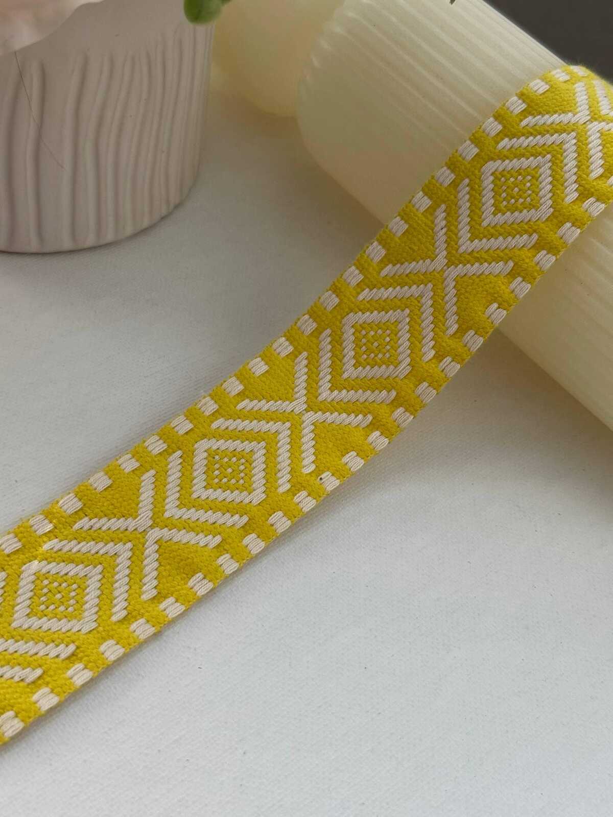 5Yds  1.5" Bright Yellow White Geometric Jacquard Woven Ribbon Wholesale