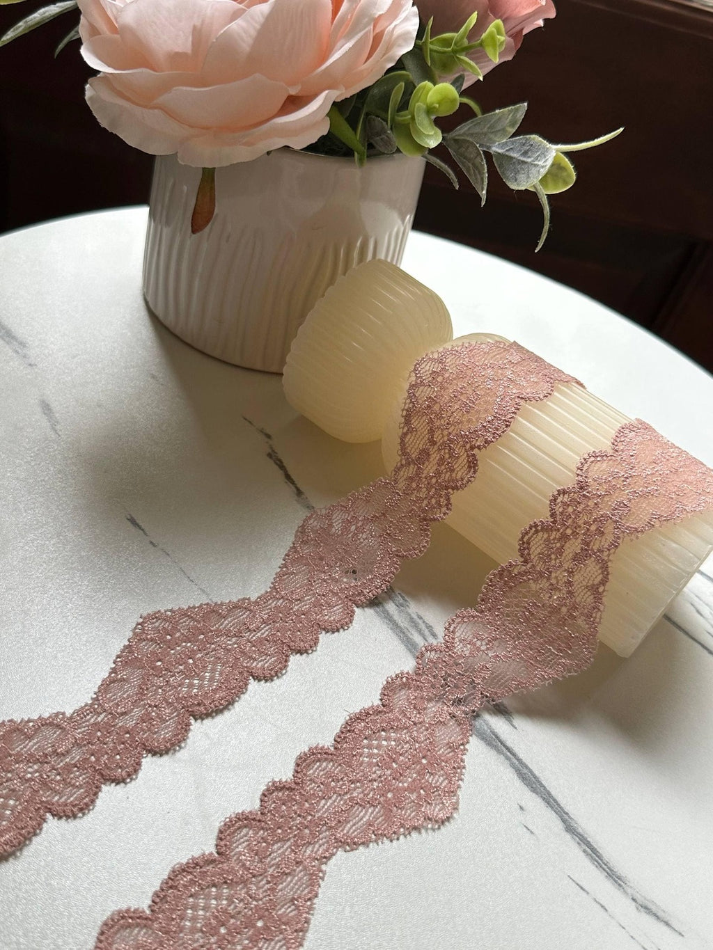 10yds Dusty Ash Pink Floral Stretch Elastic Lace Trim Symmetrical Double Scalloped Galloon Ribbon for Lingerie Underwear Crafts, 1.3"