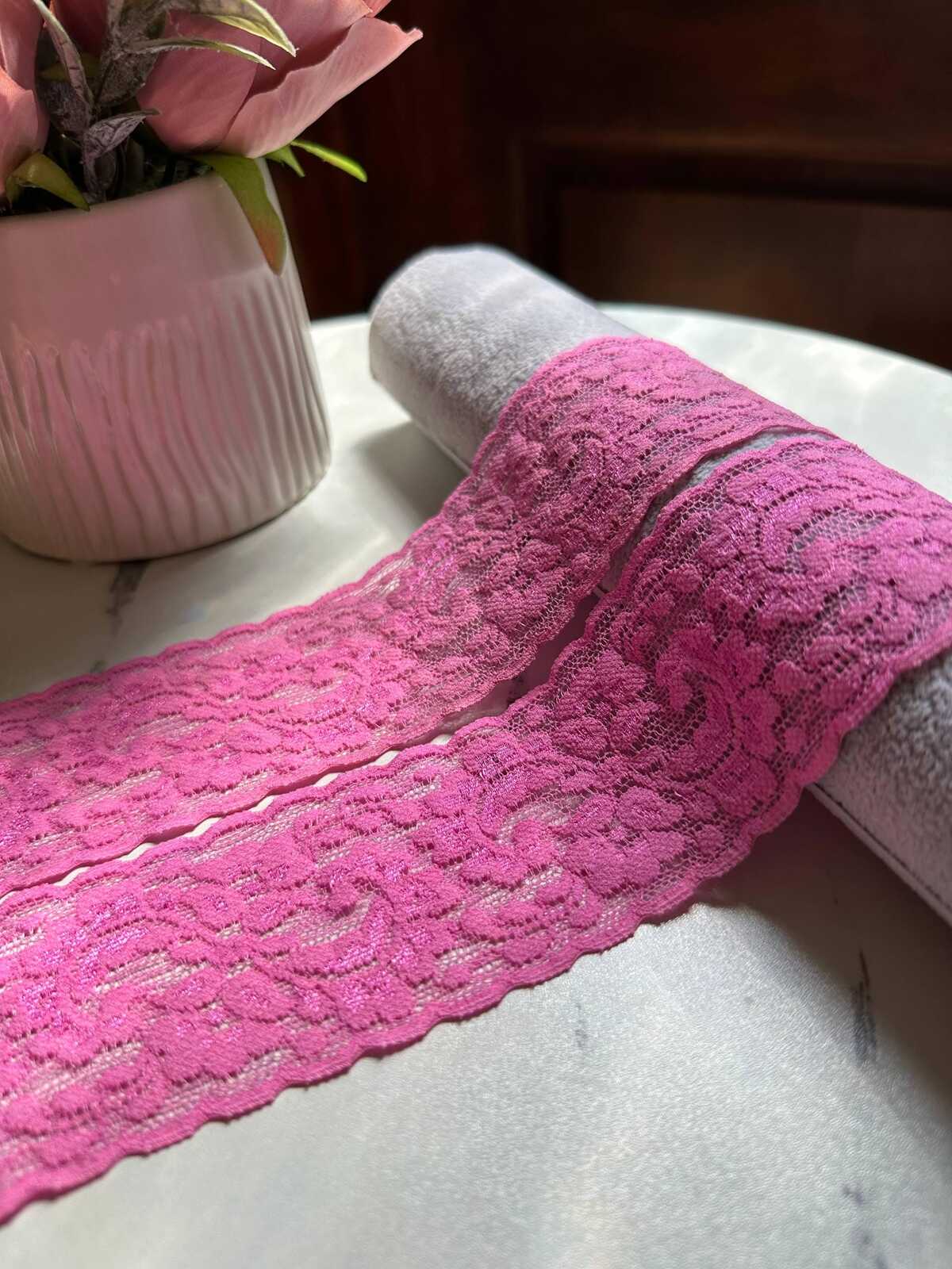 10yds Rose Orchid Pink Floral Stretch Elastic Lace Trim by the Yard, Wide Scalloped Galloon Ribbon for Lingerie Bridal Sewing Crafts, 2"