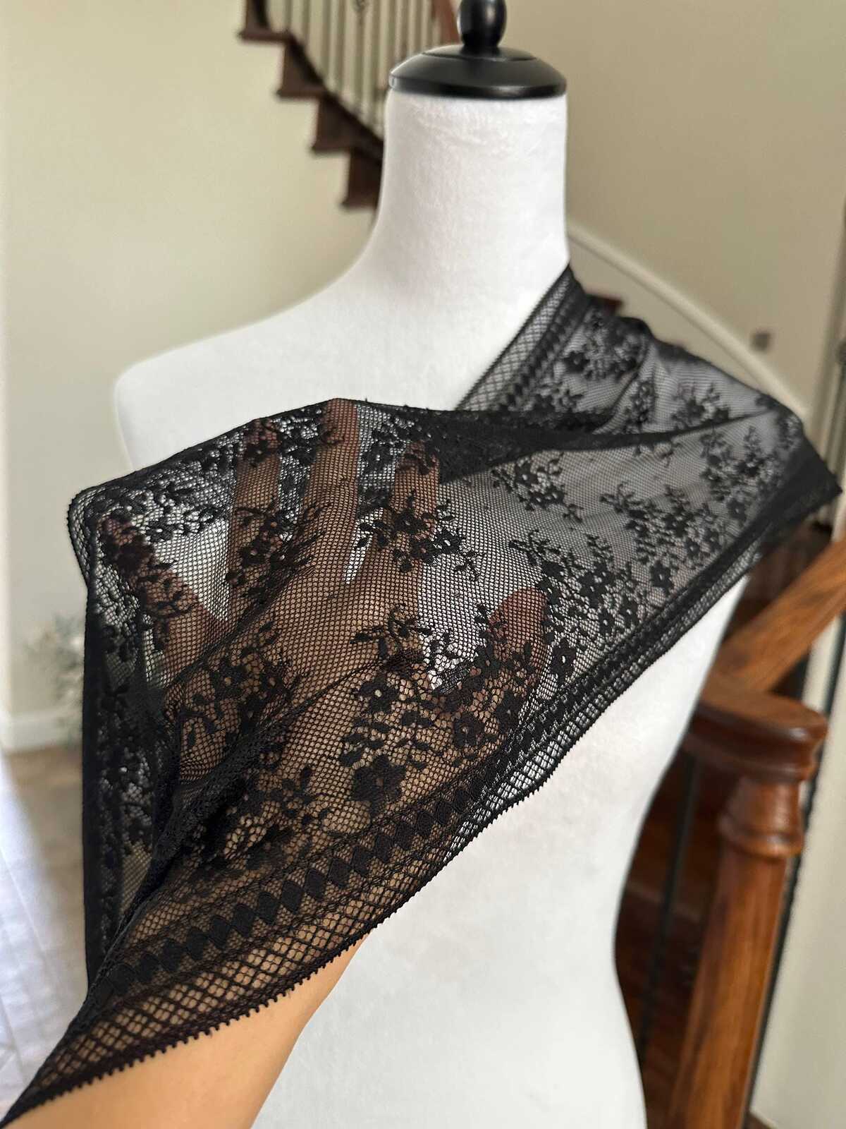 Classic Onyx Black Floral Slight Stretch Lace Trim Symmetrical Double Edge Extra Wide Galloon Ribbon for Corsets Gowns Crafts, 8.5"