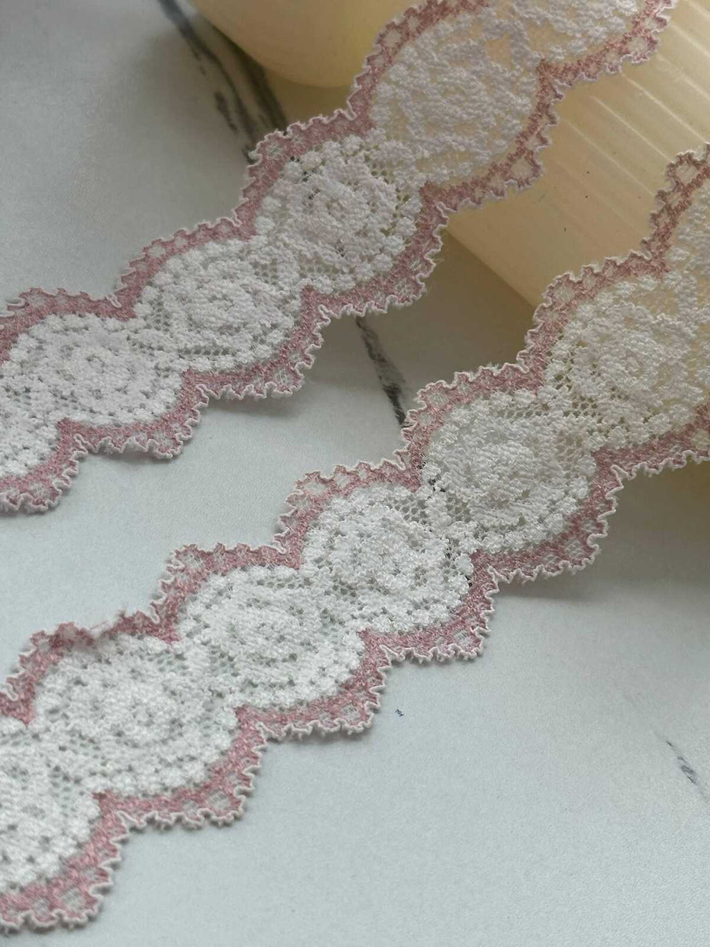 10Yds Stretch 1.2" Two Tone Pink White Scalloped Stretch Lace, Wholesale