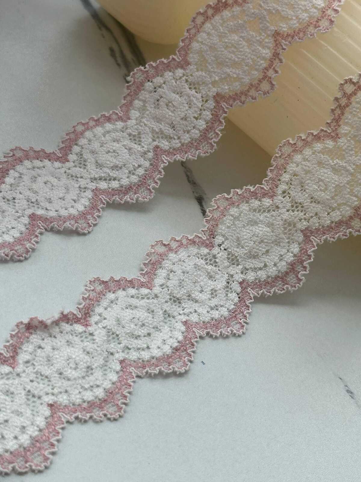 10Yds Stretch 1.2" Two Tone Pink White Scalloped Stretch Lace, Wholesale