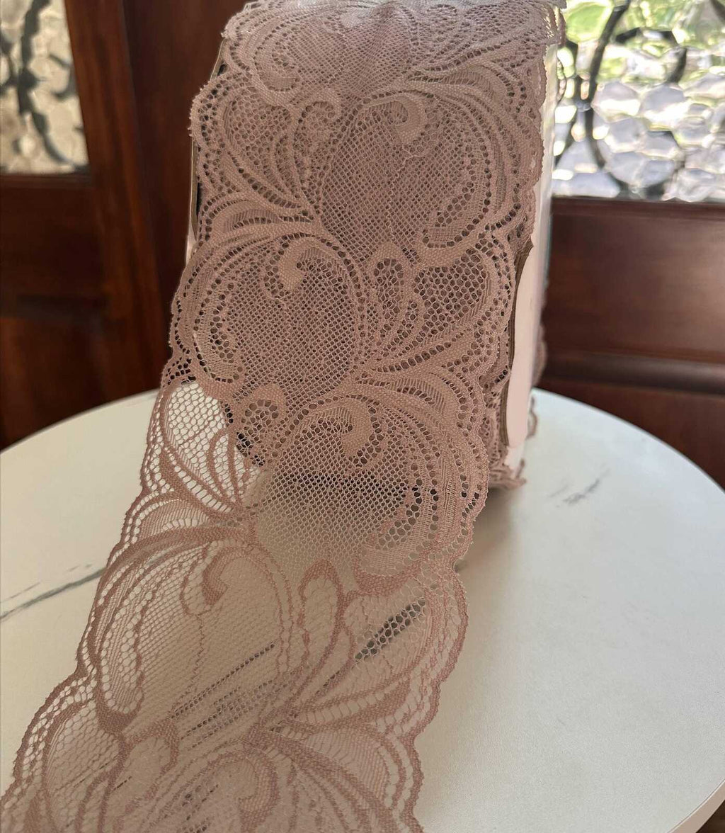 Dusty Rose Mauve Floral Wide Stretch Lace Trim by the Yard, Soft Scalloped Elastic Ribbon for Lingerie Apparel, 4.5"