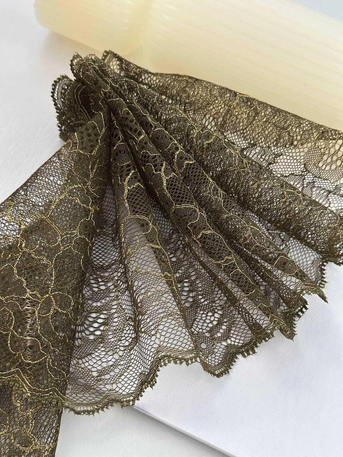 5Yds Non-Stretch 5.9" Olive Green Gold Metallic Floral Mesh Lace Wholesale