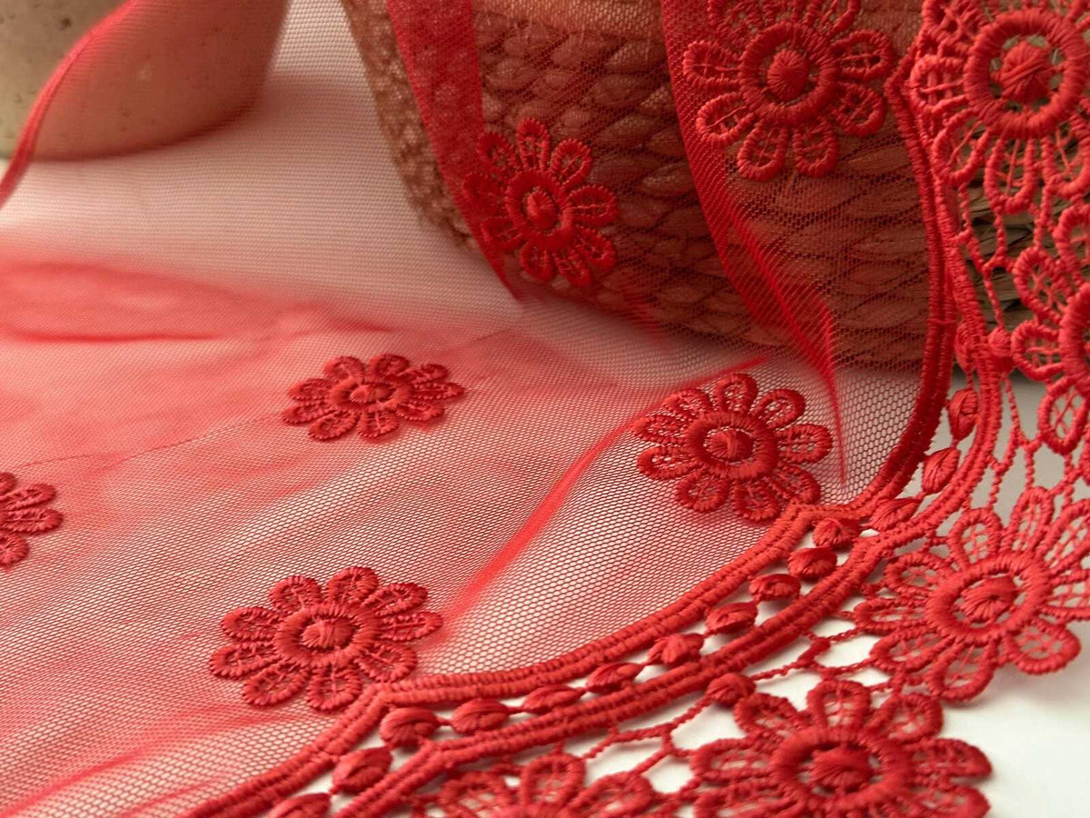 3Yds Non-Stretch 11" Red Daisy Floral Mesh Embroidered Lace Trim, Wholesale
