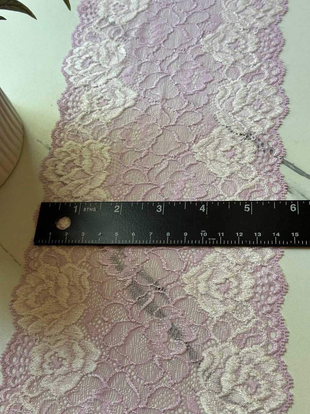 Soft Lavender Pink Two Tone Wide Floral Stretch Lace Trim by the Yard, Scalloped Elastic Ribbon, 5.7", Retail Wholesale Bulk