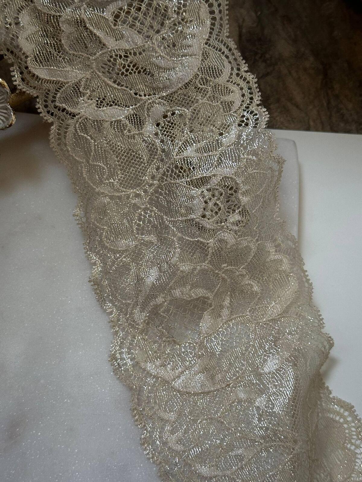 3yds Gold Metallic Floral Stretch Lace Trim, 3.5" Shimmer Ribbon, Bulk Clearance Coquette Y2K Lace, Lingerie, DIY Sewing, Retail Wholesale