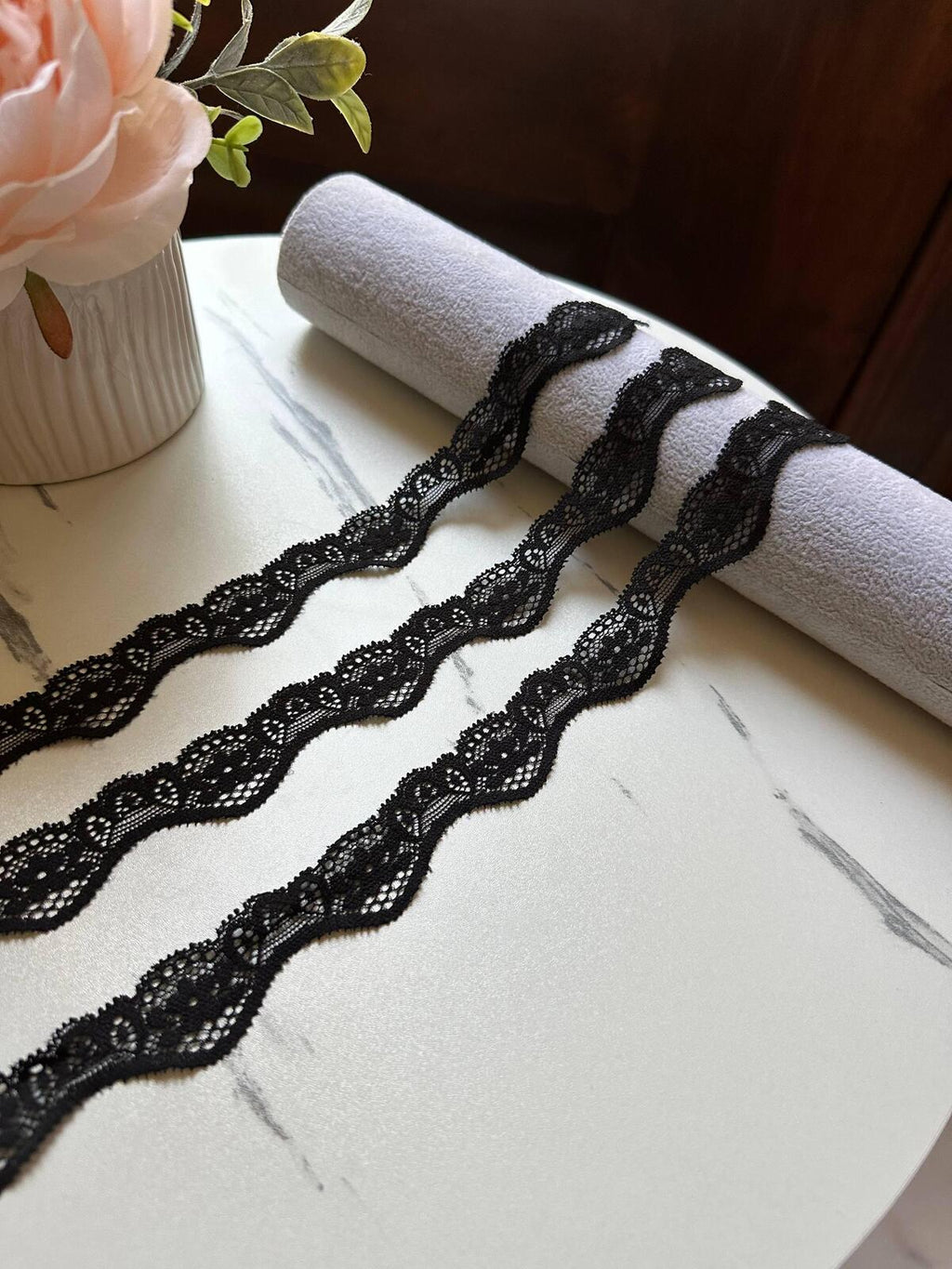 10yds Black Scalloped Wave Stretch Lace Trim by Yard, Elastic Ribbon, Soft Skin Friendly Coquette Craft Supply, 1", Retail Wholesale Bulk