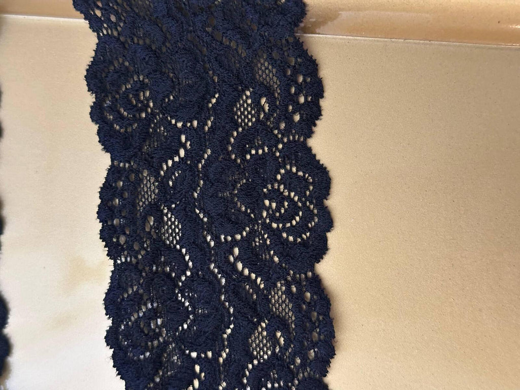 3yard,2.3" Black Stretch Lace Trim by the Yard, Soft Floral Elastic Double Scalloped Lace for Gothic Lolita, Lingerie, Choker, Doll Clothes