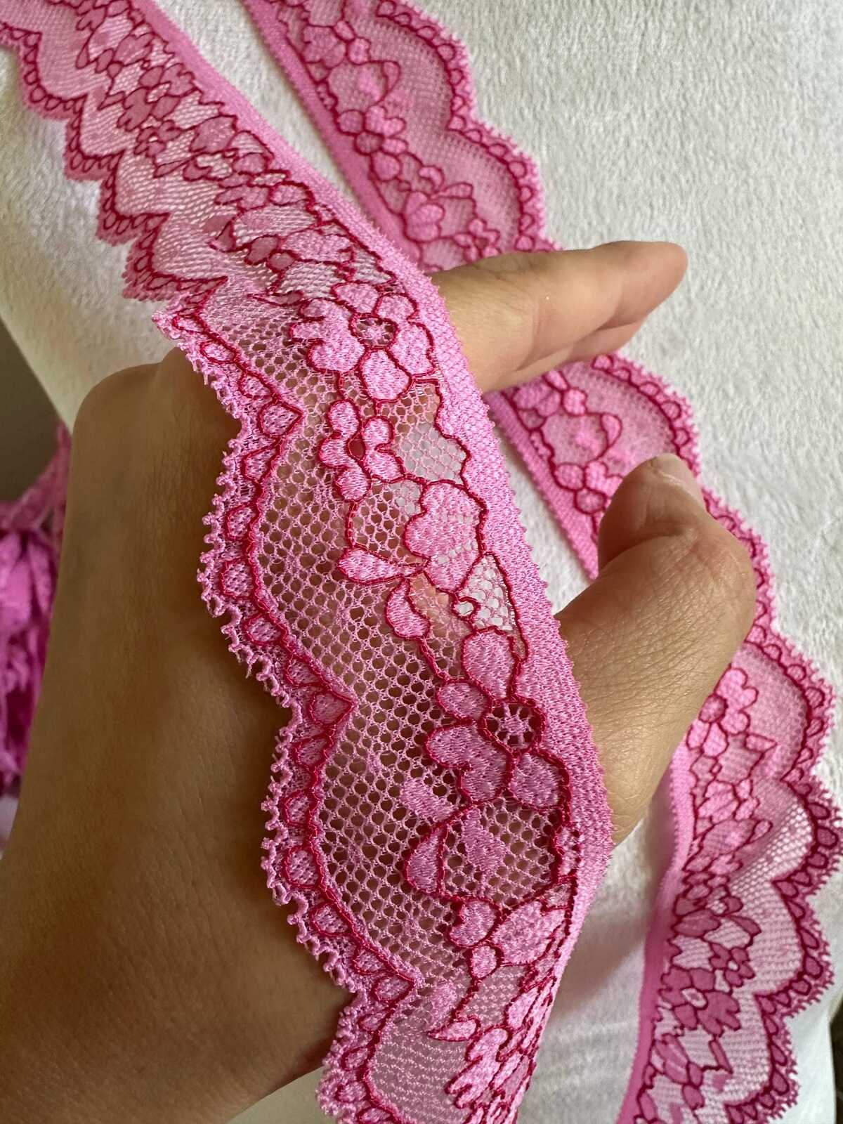 10yds 1.25" Pink Stretch Lace Trim Insertion Beading Floral Ribbon Elastic Lace Fuchsia Outline for Lingerie Underwear Garment Sewing