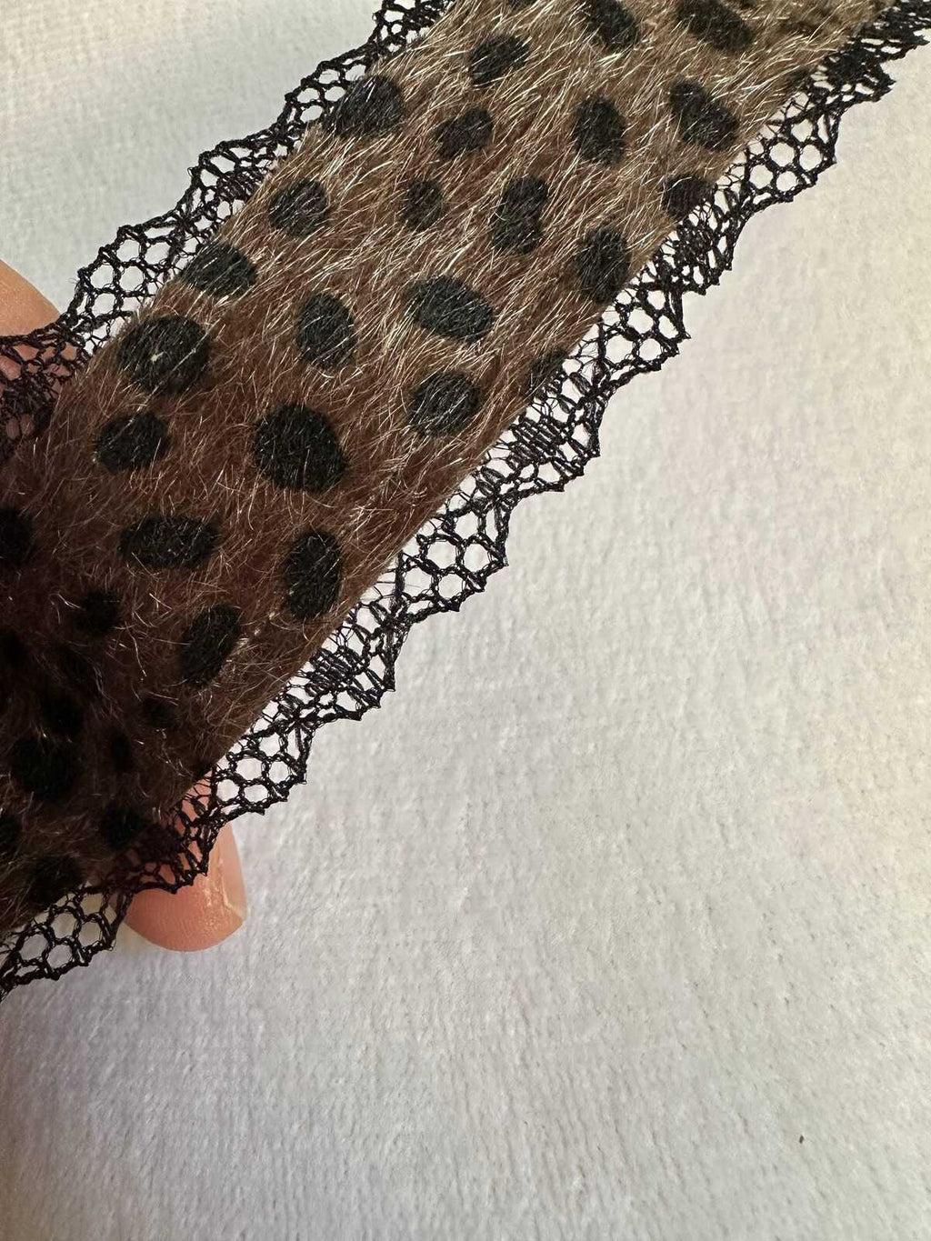 Leopard Print Mohair Faux Fur Black Lace Trim Symmetrical Scalloped Eyelash Ribbon for Y2K Grunge Lingerie Crafts Sewing, 1.25"