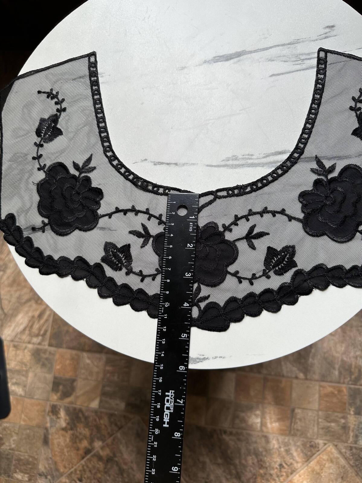 Classic Onyx Black Mesh Floral Embroidered Collar Applique Detachable Lace Neckline Bib Motif for Dress Blouse Sewing, 16" x 4.5"