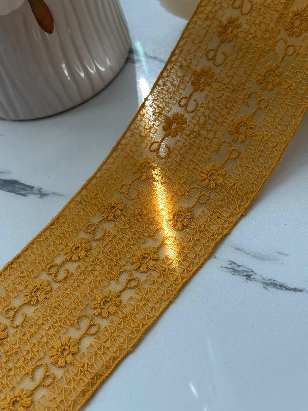 1Yd Non-Stretch 2.9" Mustard Yellow Floral Embroidered Cotton Lace Trim